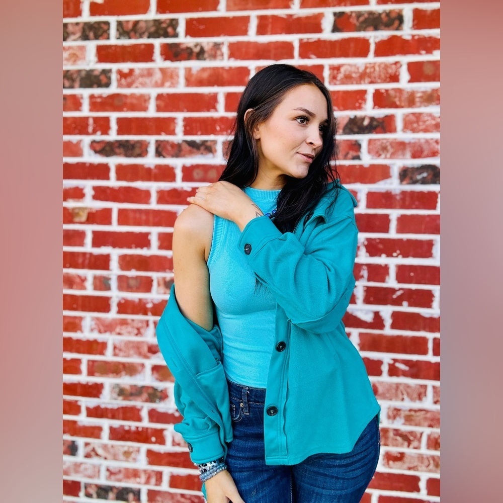 Zenana All About the Fleece Lightweight Button-Down Shacket in light teal small